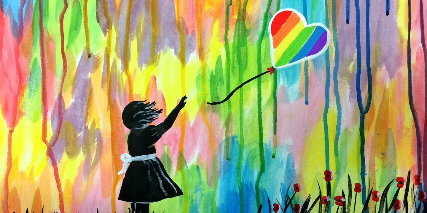 heart pride balloon girl street art