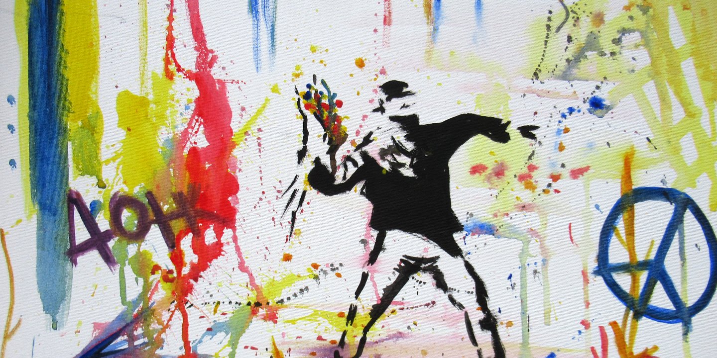 man throwing flowers street art