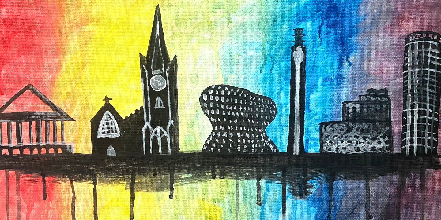 black skyline on a colourful rainbow background