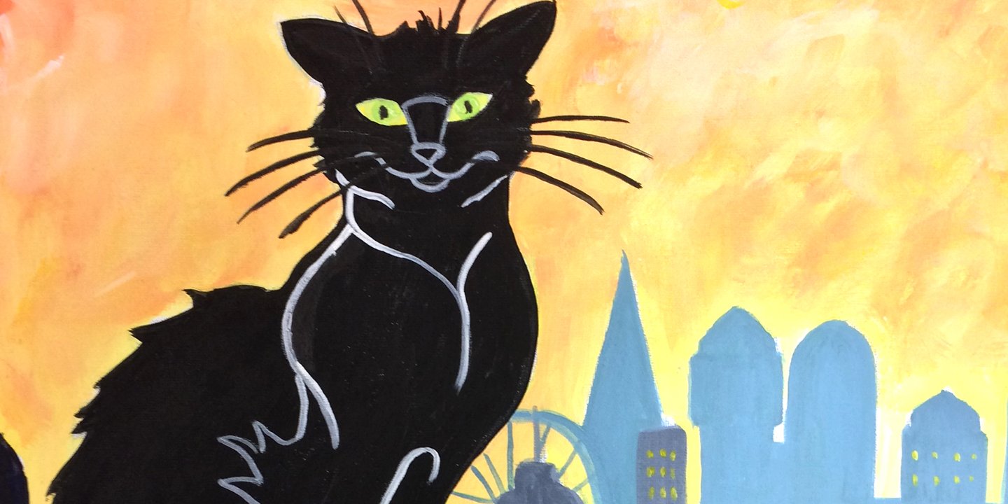 black cat, city skyline