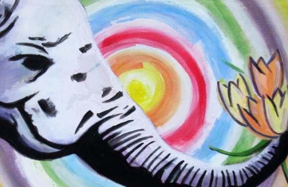 elephant street art with tulip flowers