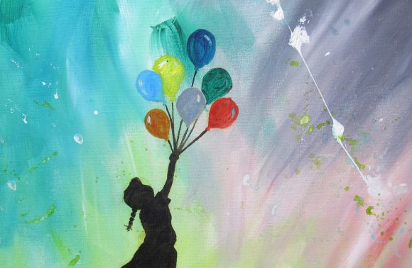 flying balloon girl witha northern light background