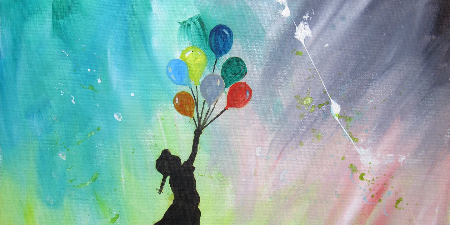 flying balloon girl witha northern light background
