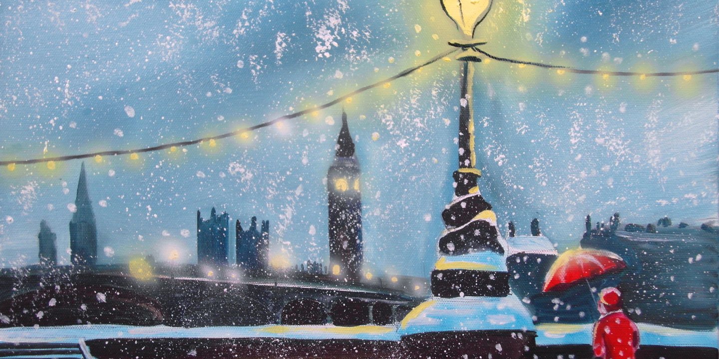 A woman stands in the snow in front of big ben with a red umbrella