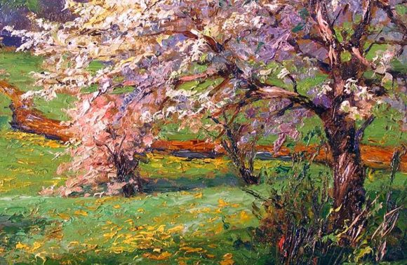 big pink tree in a spring landscape