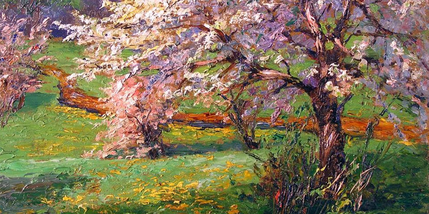 big pink tree in a spring landscape