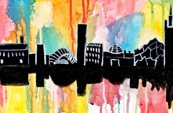 skyline of sheffield, colourful background