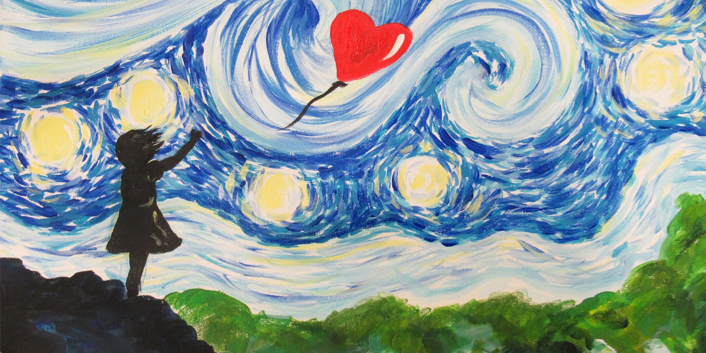 girl with red heart balloon under a starry night sky