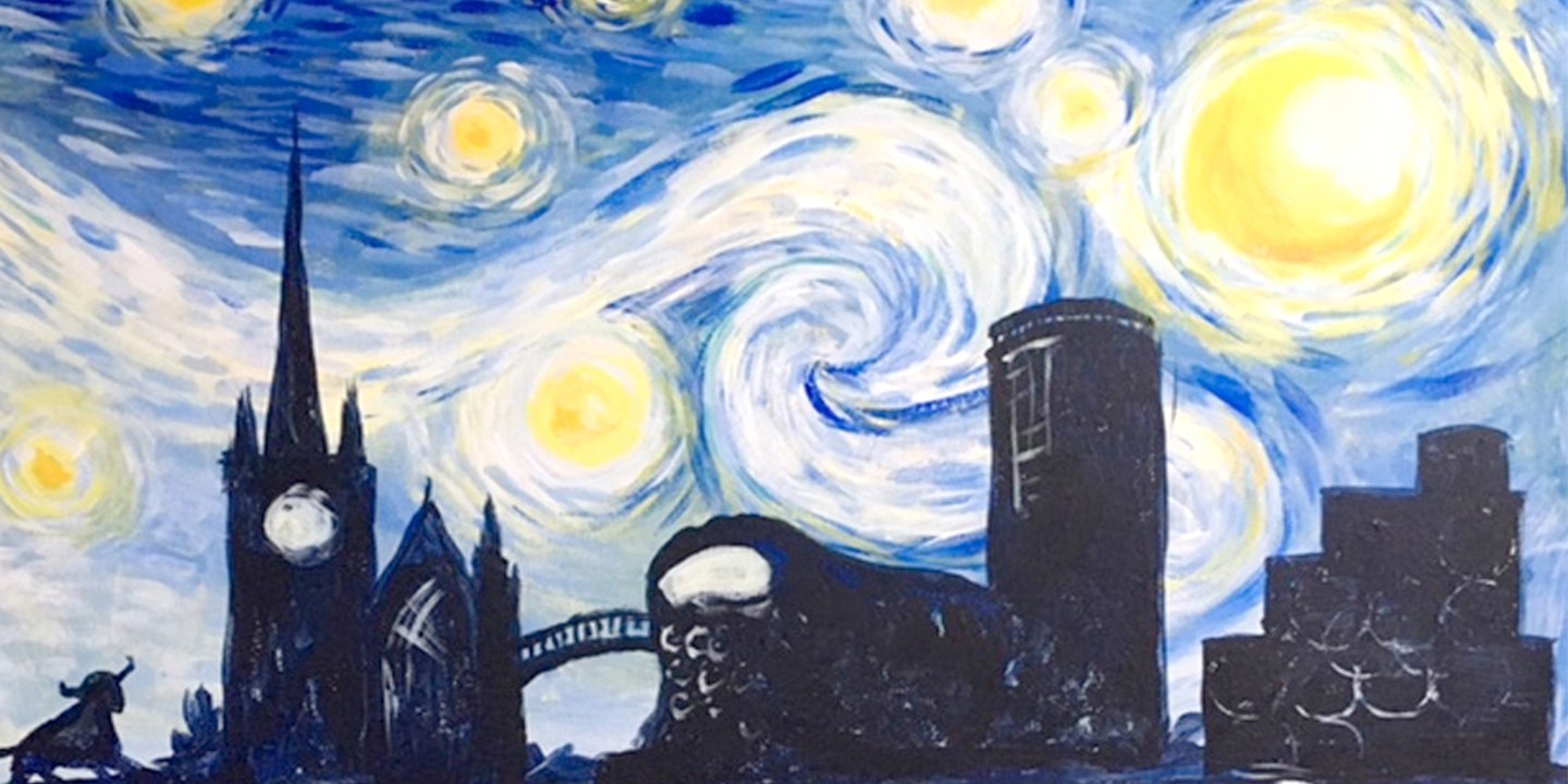 blue starry night sky with yellow moon