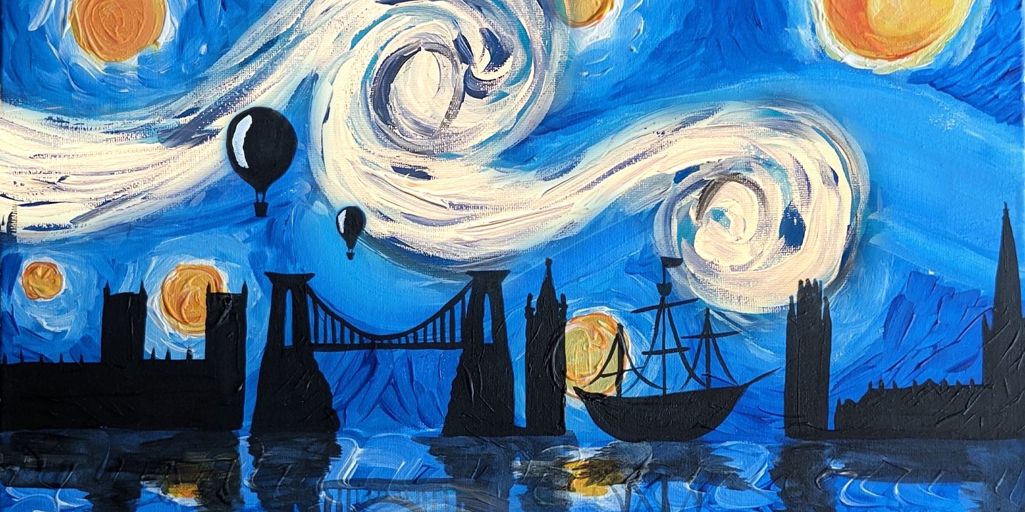 skyline with hot air balloons, starry night sky