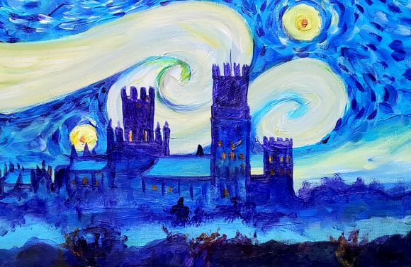 ely cathedral, blue sky, cloudy swirls