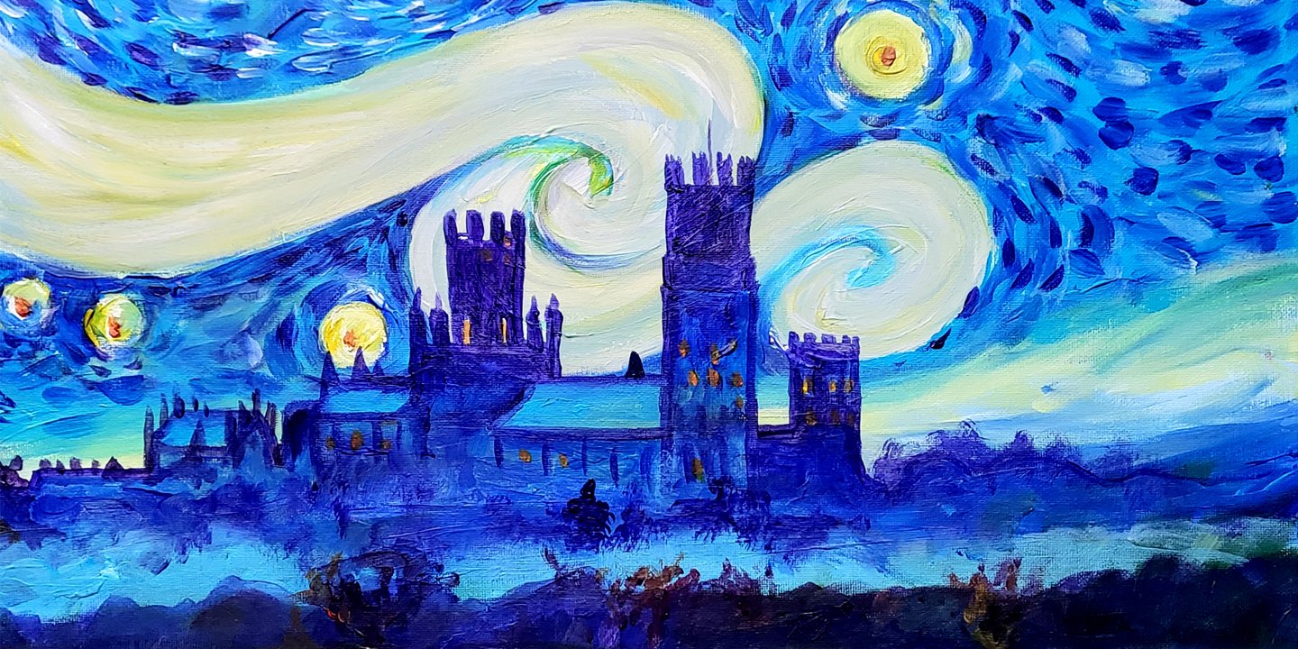 ely cathedral, blue sky, cloudy swirls