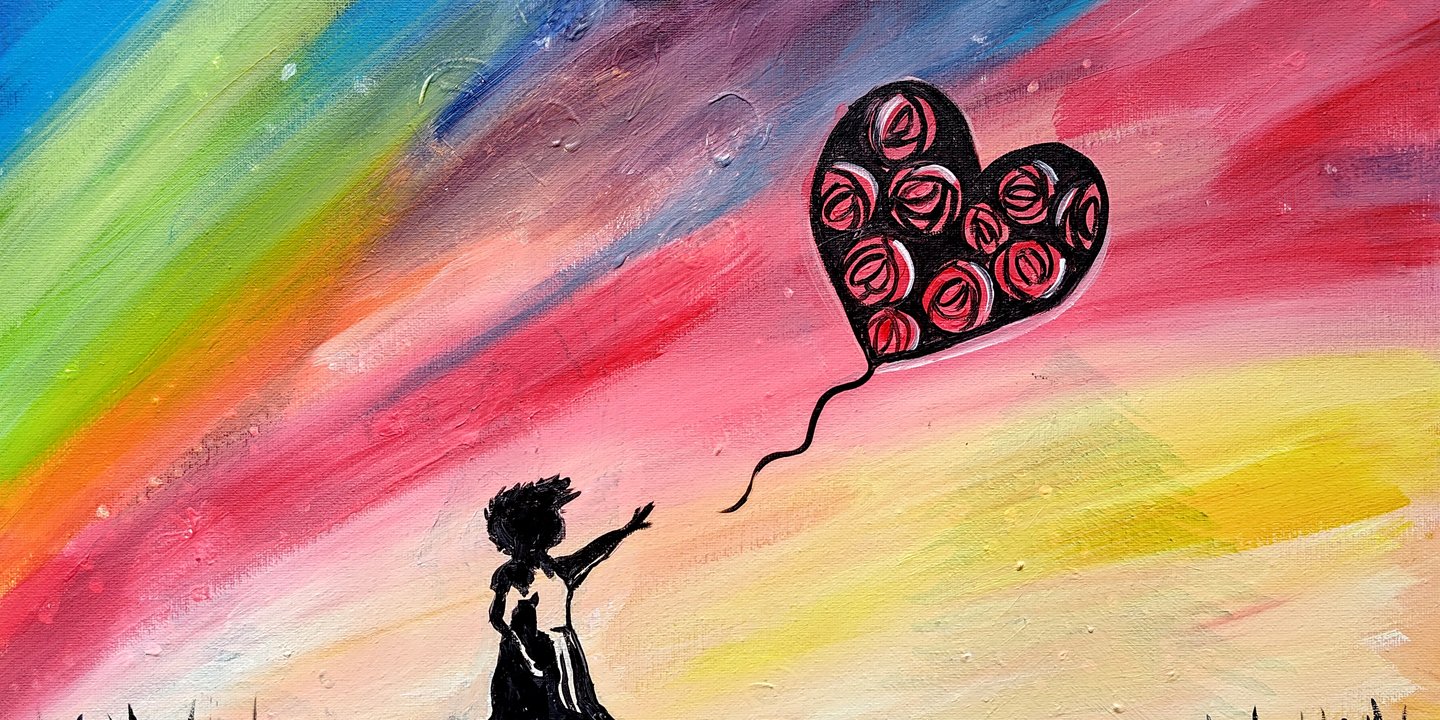 rose heart balloon, rainbow sky