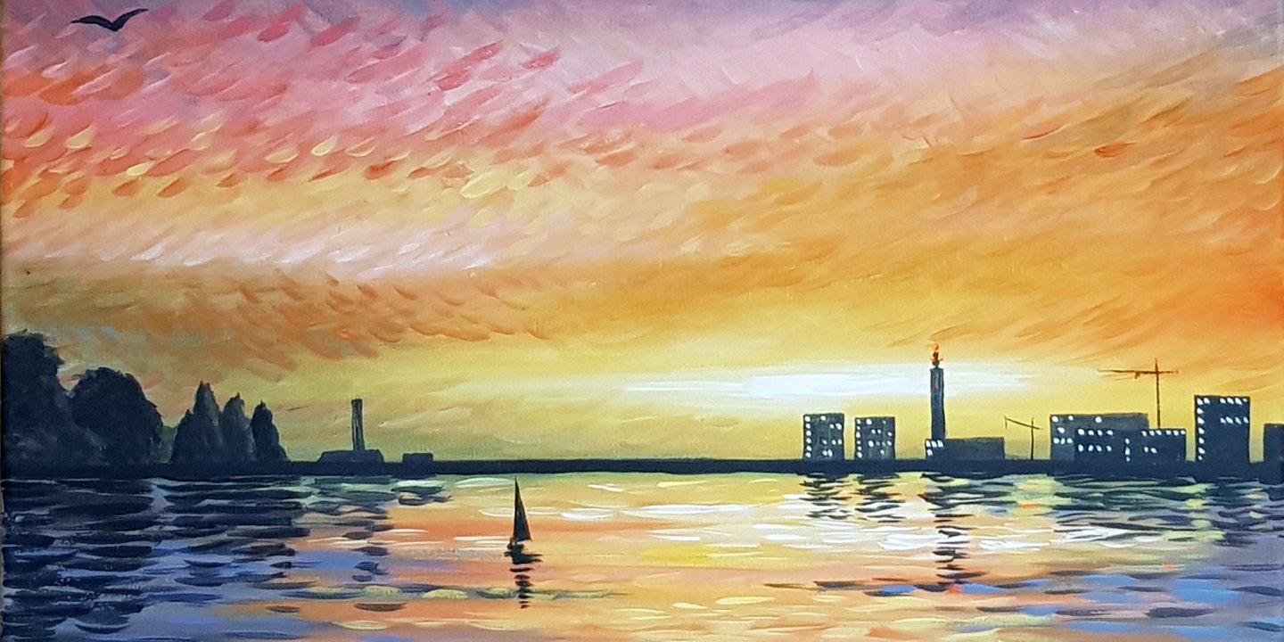 sunset over the skyline, orange skies